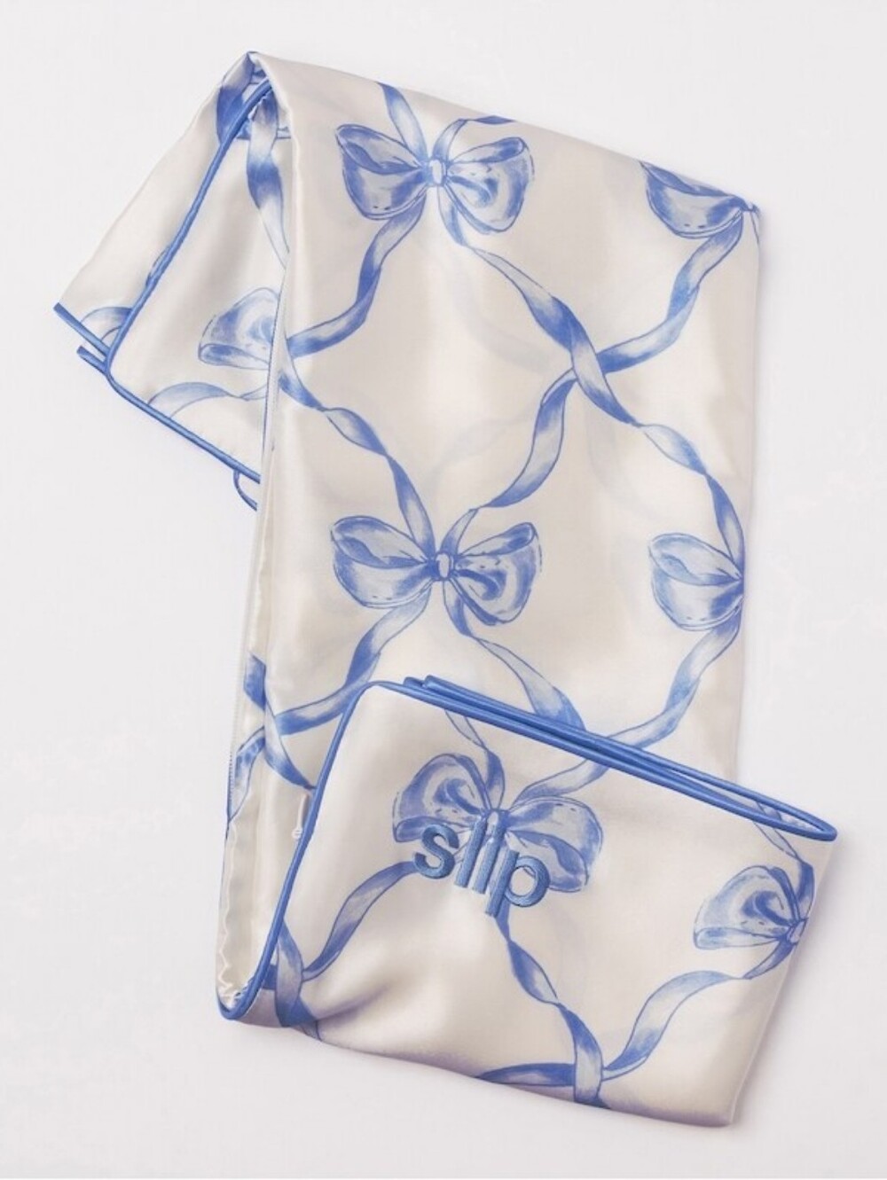New SLIP "Bowie" Silk Pillowcase Blue Ribbons Bows Queen Silk Pillowcase